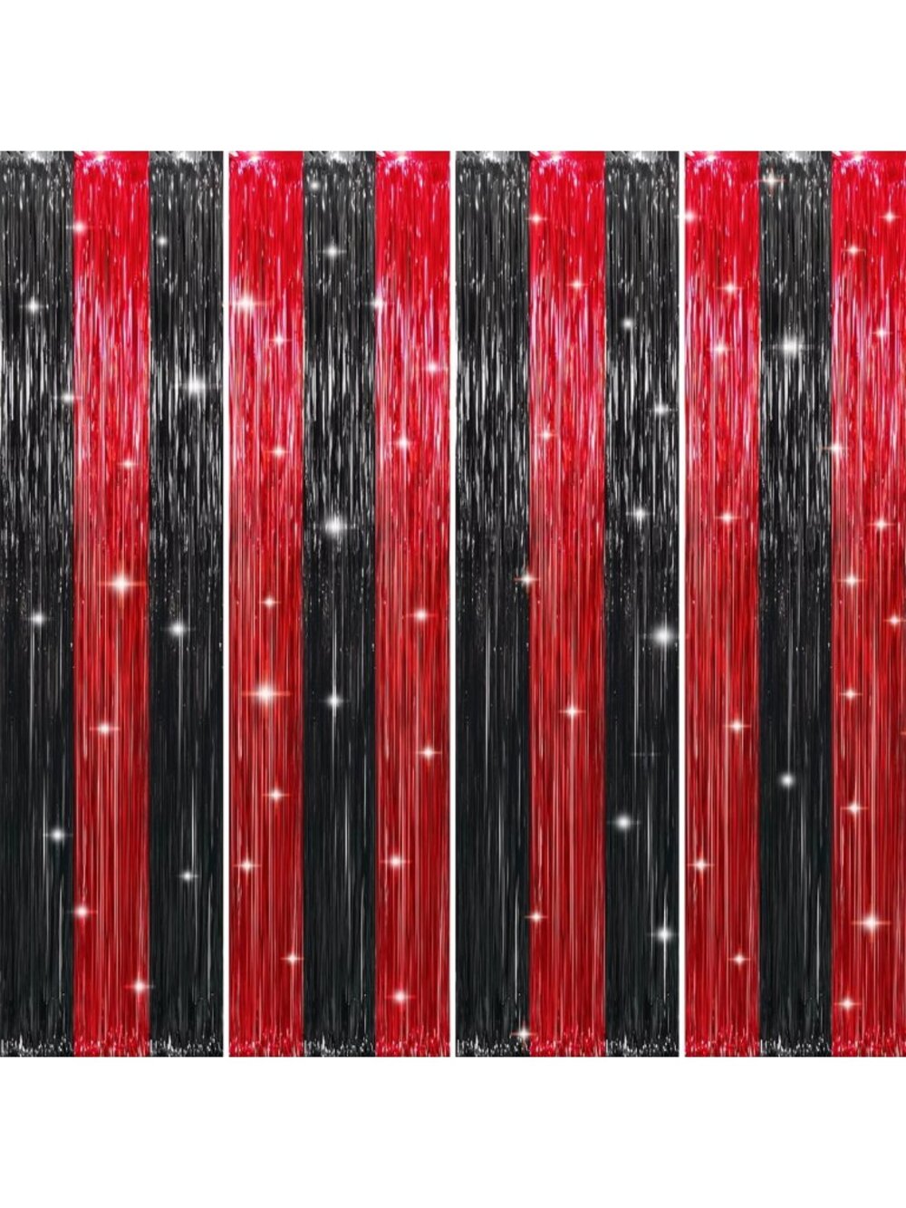 Metallic Tinsel Foil Fringe Curtains - 4 Pcs Black & Red Backdrop for Parties